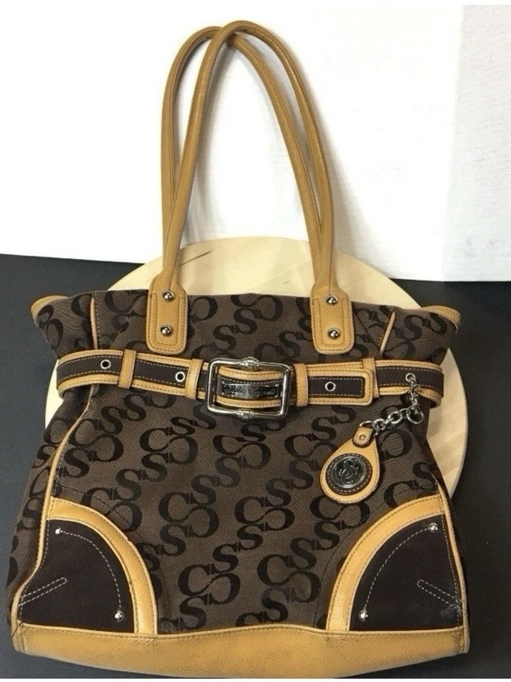 Sophia Caperelli Brown Monogram Canvas Tote Bag Shoulder Purse Buckle Accent Y2K